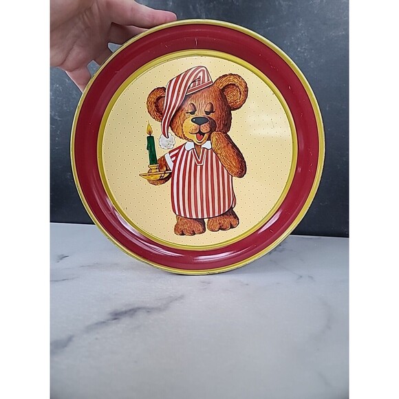 Parco Foods Cookie Tin Sleeping Teddy Bear 1987 Round Metal Tin, EMPTY - Picture 1 of 10